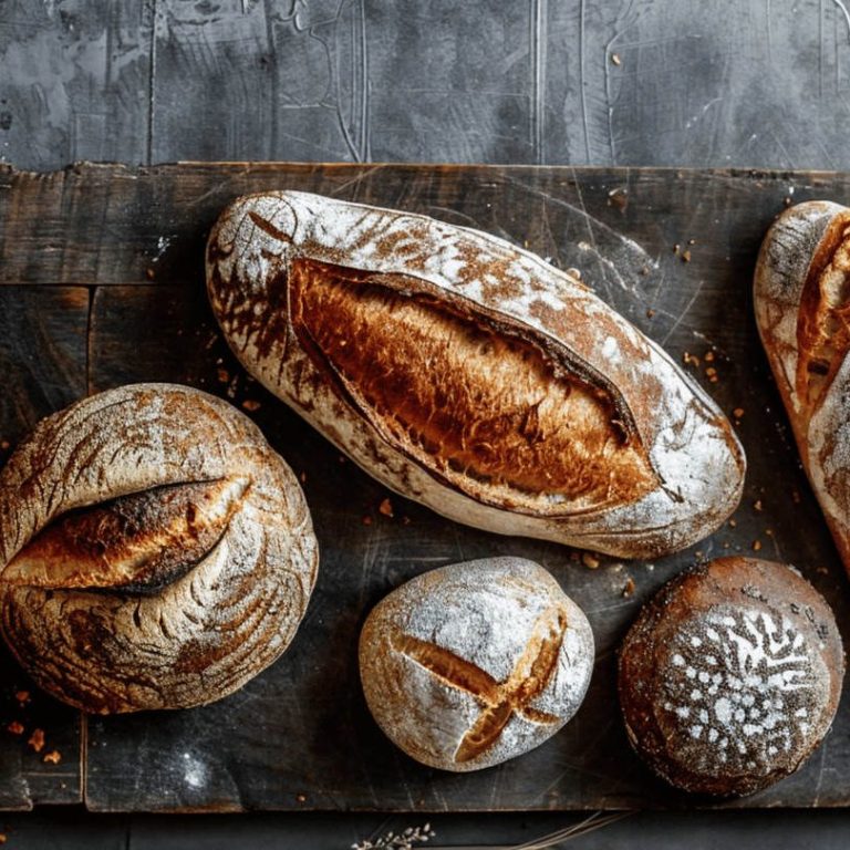 Varios tipos de pan recién horneado sobre una tabla de madera.
