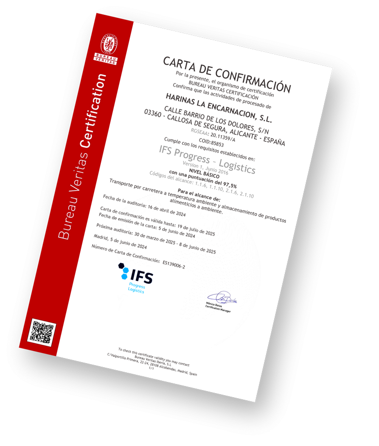 Carta de CERTIFICACION con logotipos y datos de contacto de la empresa BUREAU VERITAS para HARINAS LA ENCARNACIÓN.