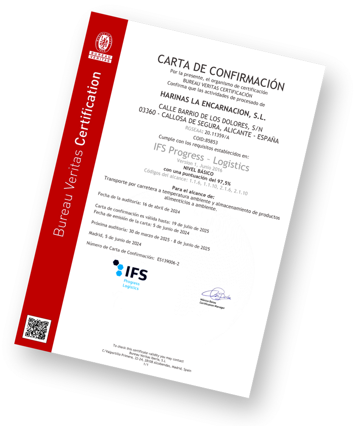 Certificado de confirmación de calidad emitido por IFS.