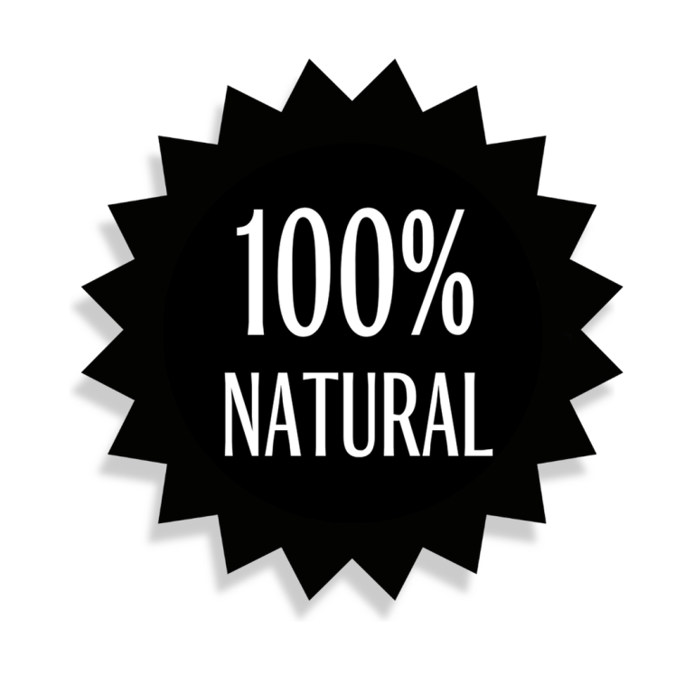 Etiqueta en forma de estrella con el texto "100% NATURAL" en color blanco.