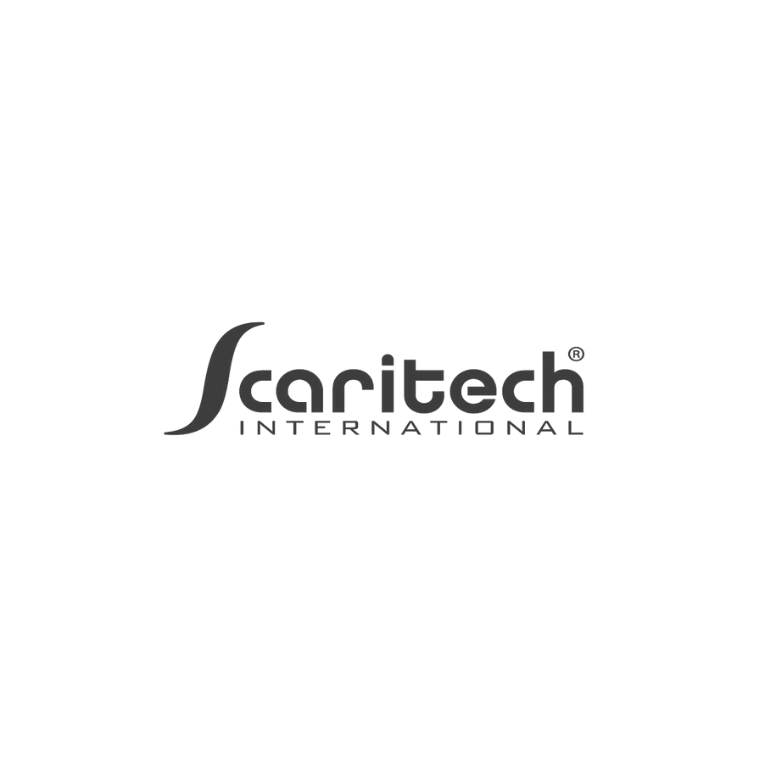 Logotipo de Scaritech International en color gris.