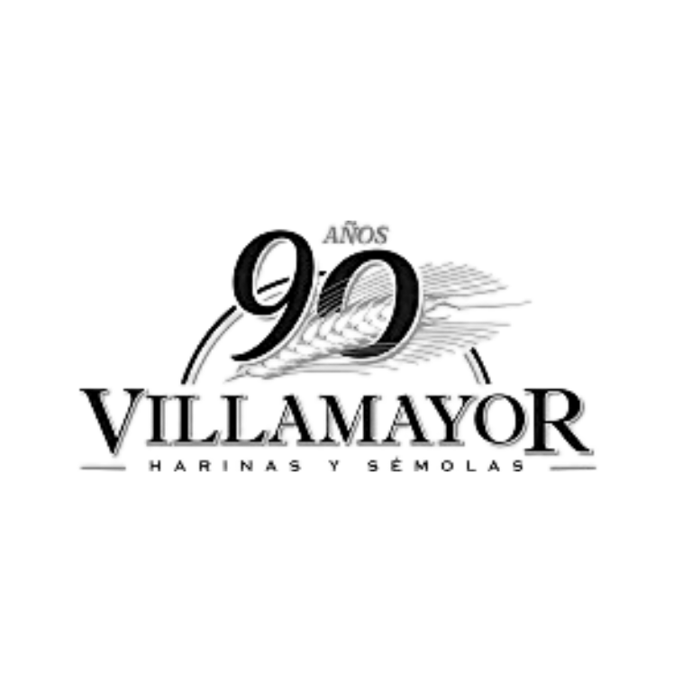 Logo en blanco y negro con el texto "90 Años Villamayor Harinas y Sémolas".