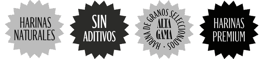 Cuatro distintivos en blanco y negro con textos sobre productos: "Sabores Naturales", "Sin Aditivos", "Sabe Mejor" y "Sabores Premium".