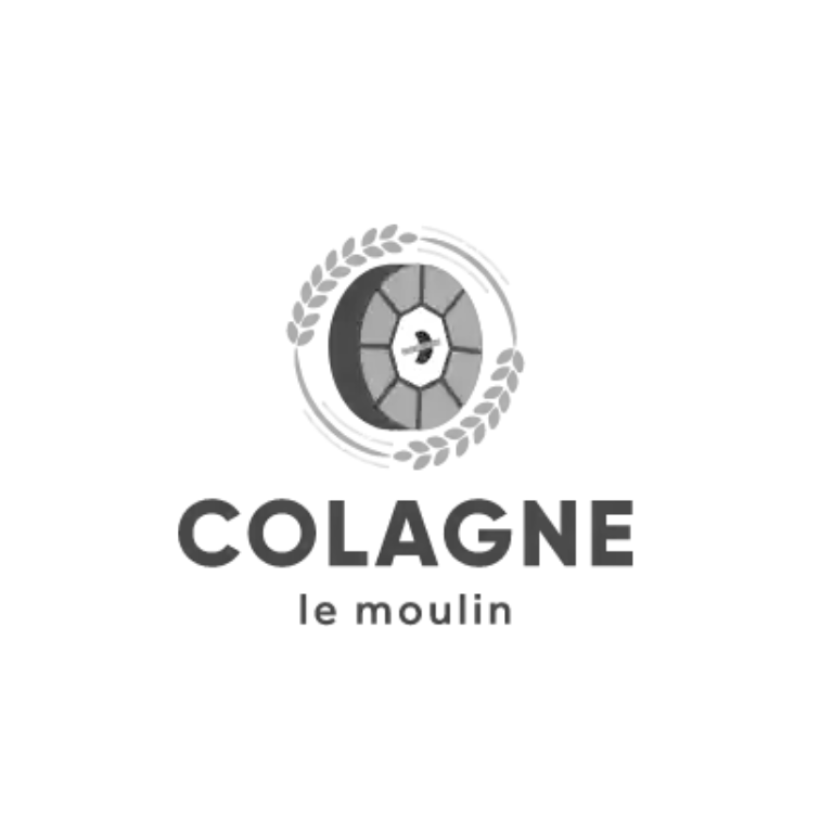 Logotipo de Colagne con un molino y una rueda, en tonos grises.